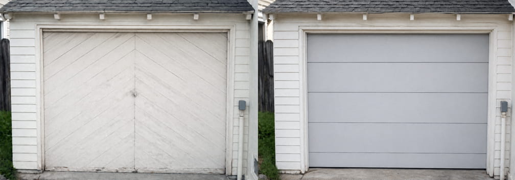 Before and after: tilt-up wood garage door replaced with Wayne-Dalton sectional door in Walnut Creek