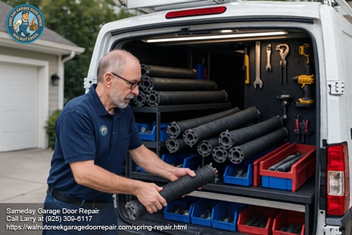 Garage door spring repair technician arriving for emergency service in Walnut Creek.