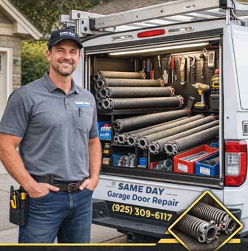 Garage door technician with replacement torsion springs in Walnut Creek