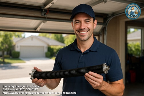 Garage door technician holding a replacement torsion spring in Walnut Creek