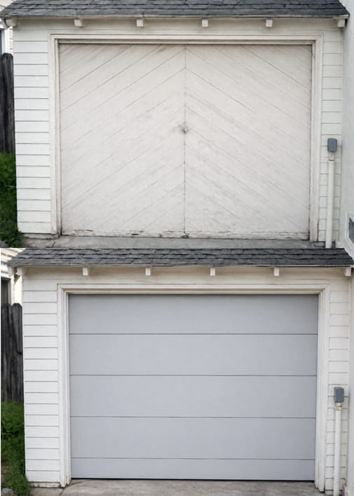 1940s tilt-up wood garage door before and after replacement with Wayne-Dalton sectional in Walnut Creek, CA