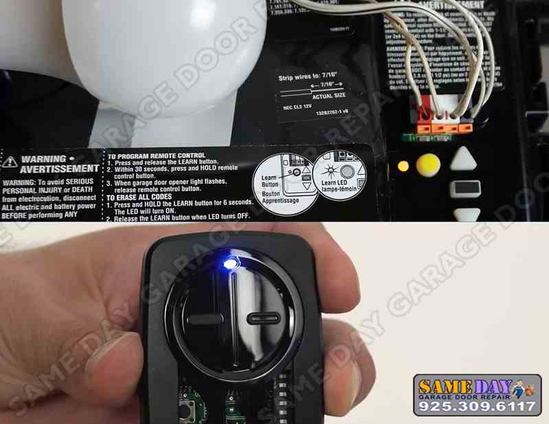 Garage door opener control panel with programming instructions and a hand holding a remote control with illuminated blue LED.